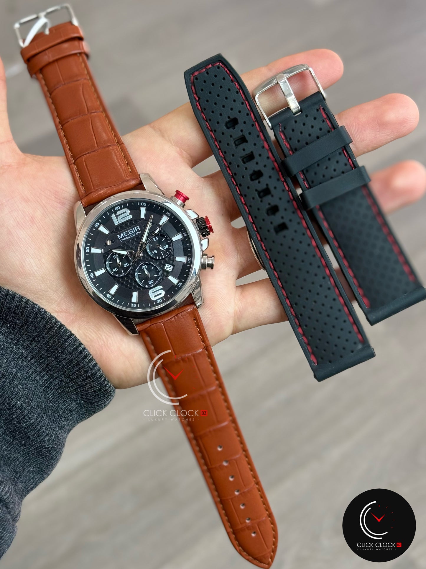 MEGIR 2156 Double bracelet Cuir marron + Bracelet Silicone offert