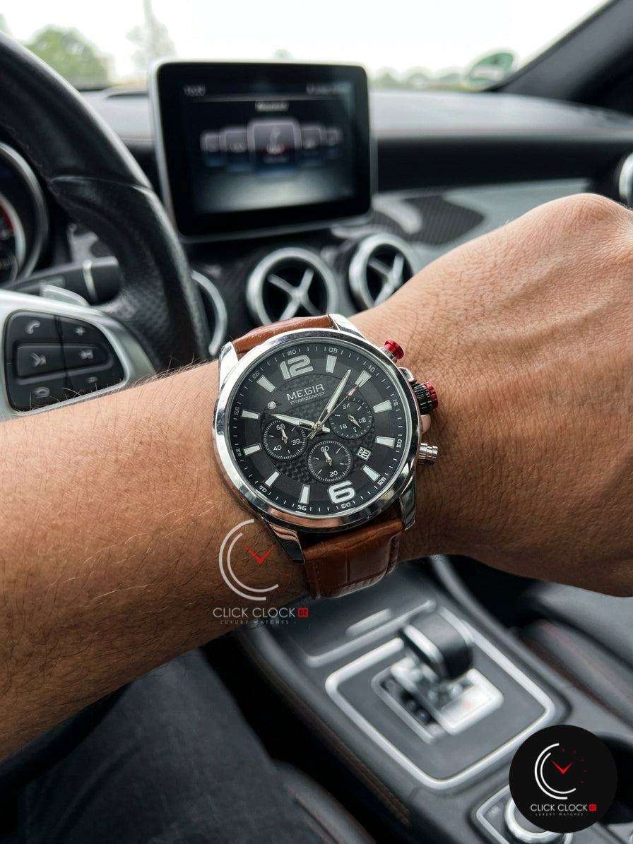 MEGIR 2156 Double bracelet Cuir marron + Bracelet Silicone offert